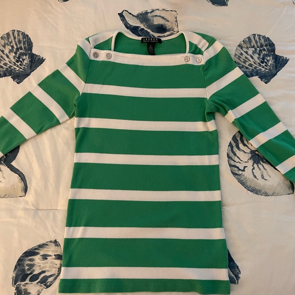 Lauren Ralph Lauren Green and White Striped Long Sleeve Tee